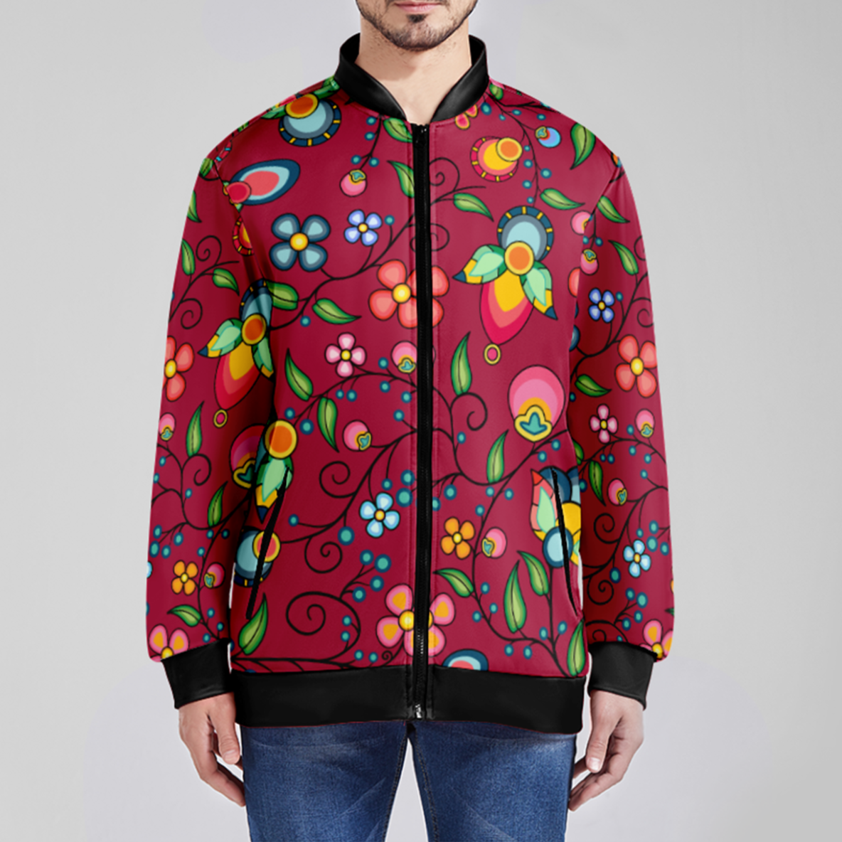 Floral Bounty Magenta Zippered Collared Lightweight Jacket