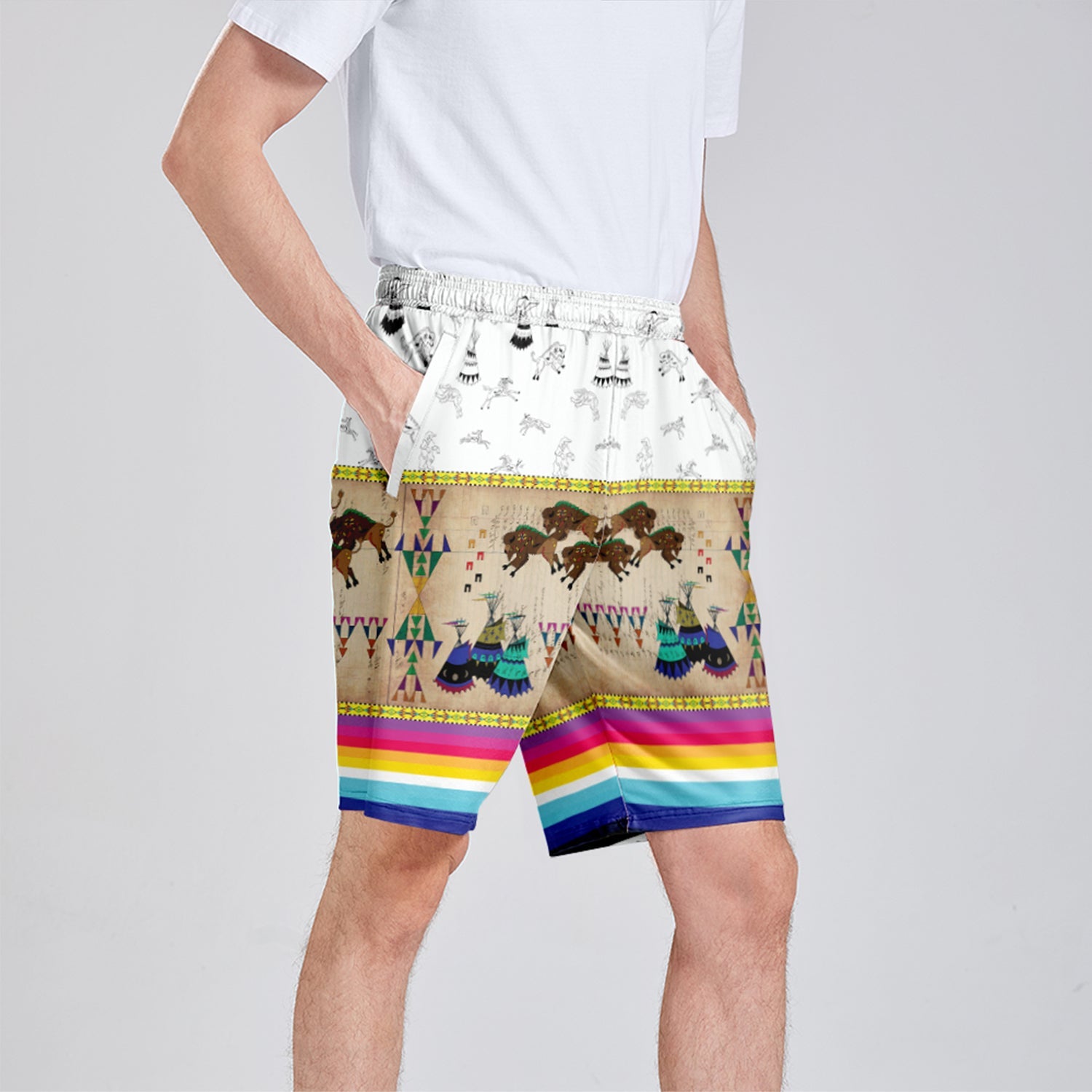 Buffalos Running White Clay Athletic Shorts with Pockets