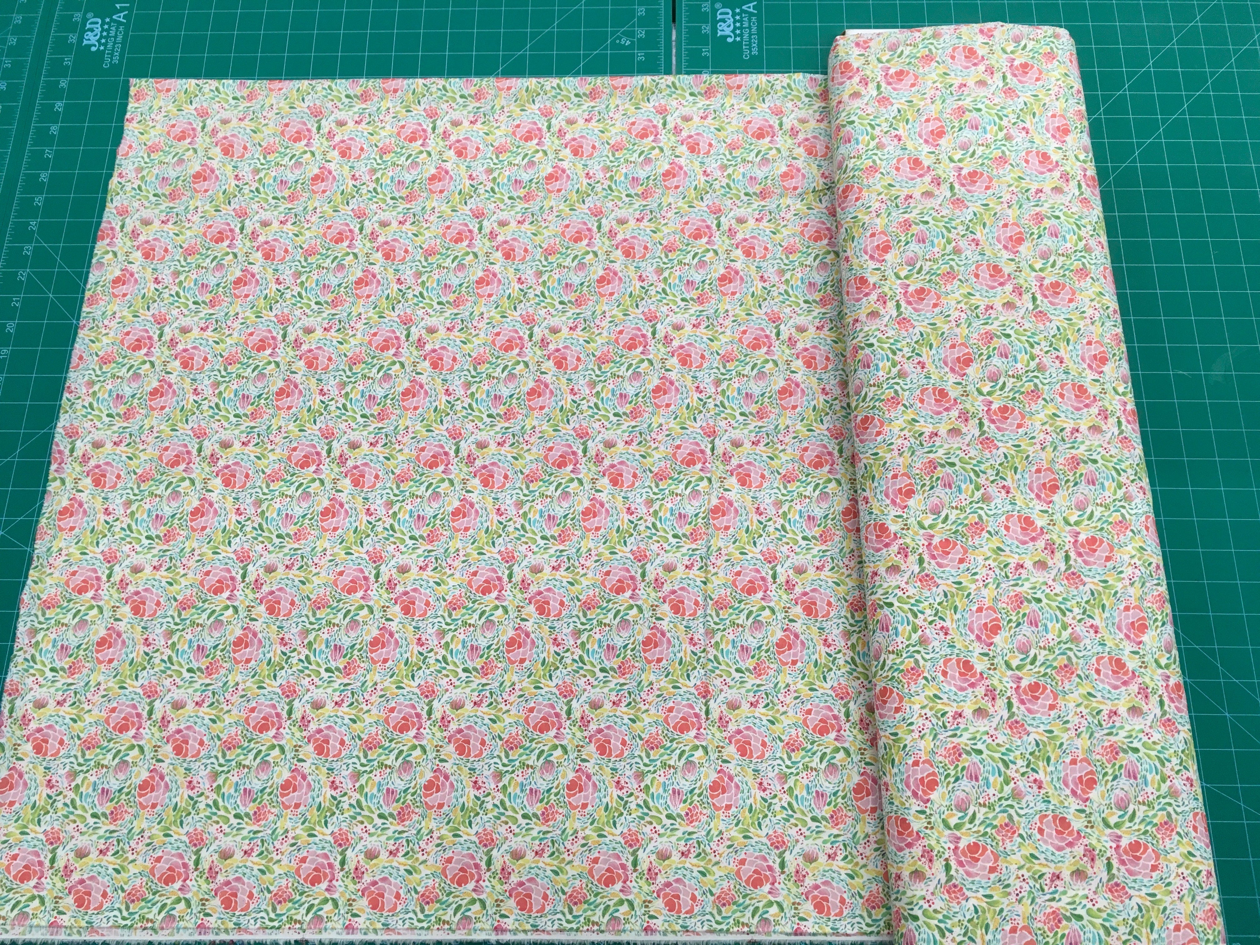 Pink Roses Green Teal Background 56 inch Cotton Fabric